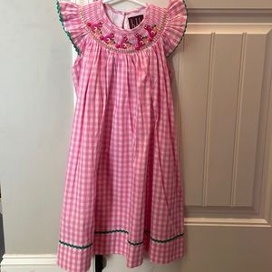 Pink gingham Easter dress with pink smocked bunnies